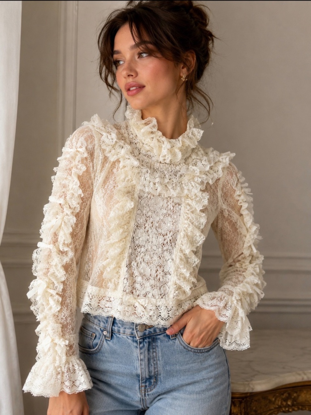 Lace high collar blouse with a cropped fit